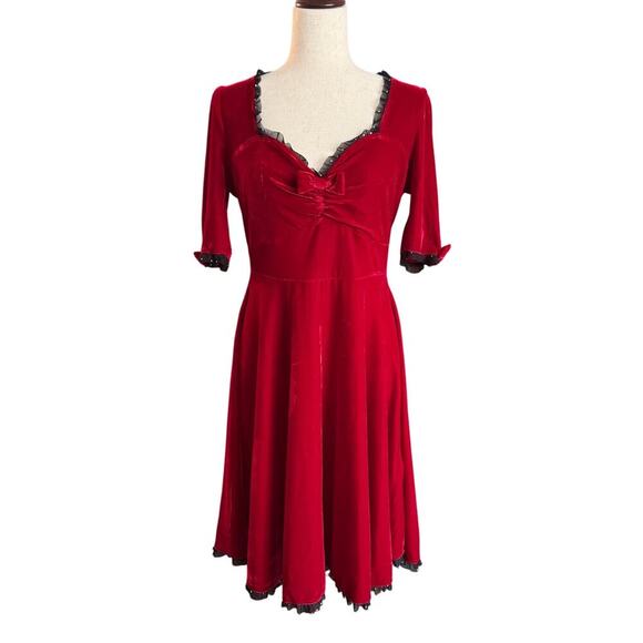 Sourpuss Velvet Vivienne Pinup Dress Women's Size M Med Mini Lace Trim 1245 vamp - Picture 3 of 14